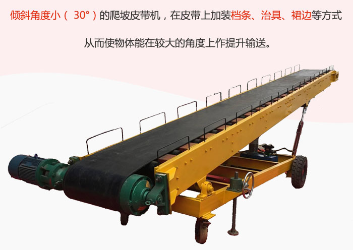 傾斜角度?。?30°）的爬坡皮帶機(jī)，在皮帶上加裝檔條、治具、裙邊等方式從而使物體能在較大的角度上作提升輸送。