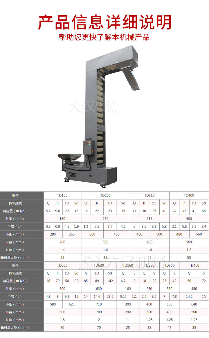 z型輸送機(jī)技術(shù)參數(shù)：輸送量m3/h5.4-66斗寬mm：160-400斗速m/s：1.4-1.8